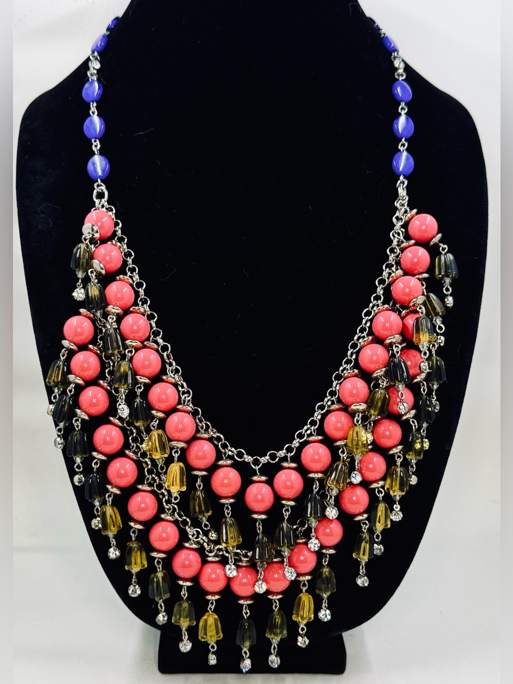 Multi-Strand Beaded Statement Necklace with Coral Amber & Blue Tones 24”